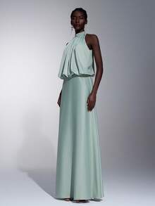 Elitara Elegant Floral Halter Neck Backless A-Line Bridesmaid Dress, Light Green & Yellow - Green - View 6