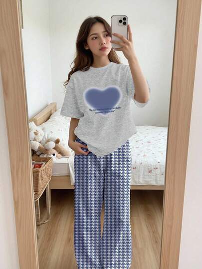 Teen Girl Casual Loose Minimalist Round Neck Short Sleeve Pants Pajama Set, Suitable For Spring/Summer