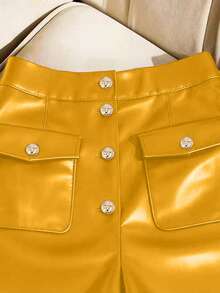 SHEIN Franclia Women's Casual Fashion PU Leather Solid Color Button Fly Flap Pocket Shorts - Yellow - View 4