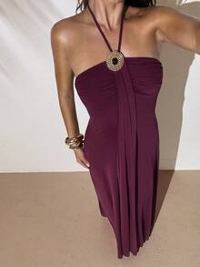 SHEIN BAE Women's Sexy Backless Halter Dress, Summer - Purple - View 7