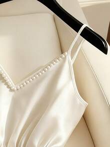 Franclia Spring & Summer French Luxury Satin Camisole Top For Women, Pearl Decor Ruffle Hem Cropped Cami Top, Silky Drape Elegant Office Wear Or Casual, Retro Sweet Girl Style Flattering & Whitening, Satin Drawstring Waist Camisole Top With Pearls White Peplum Top Peplum Top Women White Elegant Top Ivory Top Dress Top - Apricot - View 5