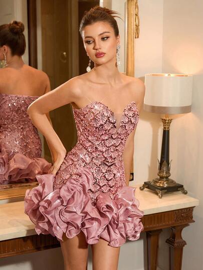 Poshira Mini Sexy Strapless Deep V-Neck Rhinestone Sequined Short Hem Party Dress With 3D Floral Design. Suitable For Birthday Parties, Wedding Guests, Semi-Formal Dresses, Cocktail Parties, Graduation Ceremonies, And Other Party Attire. Women's Sequin Mermaid Formal Evening Gown One Shoulder Formal Dress Purple Women Evening Dress Gowns Glamorous Dress Dress Elegant Gala Dress Elegant Valentines Dress Elegant Dress Sequin Dress Pink Red Dress Floral Dress Valentines Dress Elegant Dress Sequin Dress Floral Dress Luxury Graduation Ceremony, School Opening, Music Festival, Birthday Party, Wedding, Afternoon Tea Gathering, Ball Pink Cocktail Dress Pink Homecoming Dress Short Formal Dresses Pink Corset Dress Rose Pink Dress