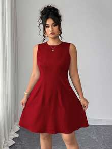 Elenzga Đầm không tay cổ tròn ôm sát, màu trơn, cỡ lớn - Đỏ - Xem 5
