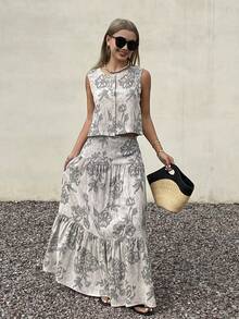 DAZY 女士短款上衣和长裙套装，碎花印花，休闲海滩/度假风，两件套夏季装 - 灰色 - 查看 3