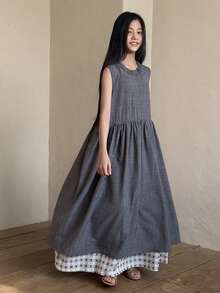 Dazy Kids 少女荷叶边圆领格子拼接宽松休闲连衣裙 - 灰色 - 查看 3