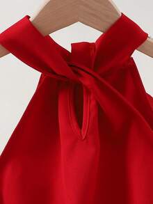 SHEIN Tween Girl 3D Floral Decor Twisted Design Halter Dress - Red - View 4