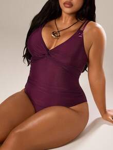 Auralis 大码女士性感露背褶皱纯色扭结前襟吊带连体泳衣，适合海滩度假 - 中紫紅色 - 查看 2