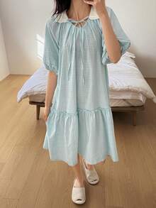 DAZY Cute Lace-Up Contrast Peter Pan Collar Pleated Lantern Sleeve Loose Women Nightgown - Blue - View 6