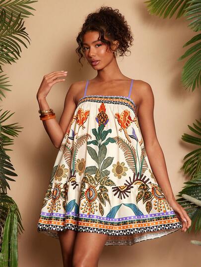 Travachic 女士度假棕榈树豹纹荷叶边吊带连衣裙，热带印花连衣裙，度假连衣裙，非洲印花连衣裙，丛林印花连衣裙，棕榈树连衣裙，绿色动物纹连衣裙，度假装，休闲女装，秋季女装，时尚秋季装，外出装，优雅装，乡村风女装，派对装，新年装，婚礼宾客装，优雅毕业装，奢华舞会礼服