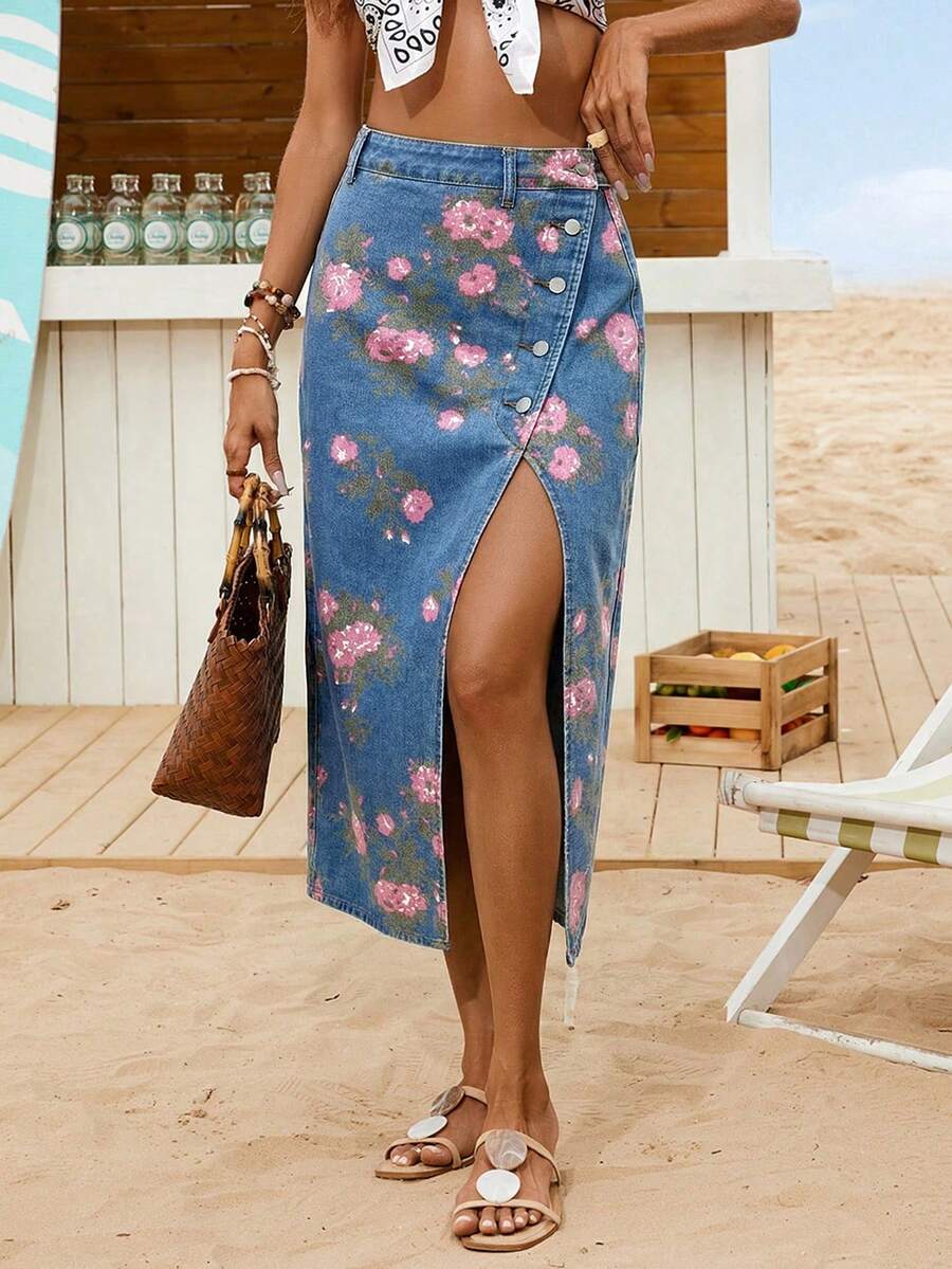 Vivid Eden 女士休闲牛仔迷你裙，性感侧开衩，蓝色 - 淺色水洗藍 - 查看 1