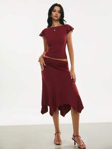 Poéselle Women's Set Backless Cowl-Drape Top & Asymmetric Handkerchief-Hem Midi Skirt – Wine Red Two-Piece Date-Night Co-Ord Two Piece Set Women, Backless Top, Cowl Back Blouse, Asymmetric Skirt Outfit, Wine Red Dress Set, Handkerchief Hem Skirt, Date Night Co Ord, Elegant Summer Matching Set Elegant Drape Neck Backless Fitted Cropped Top And Hanky Hem Mini Skirt 2 Pieces Set, Summer Outfit Spring Outfit Women Valentine's Day Valentine Outfits For Women Carnival Women Vacation Outfits Women Red Top&Red Skirt - Burgundy - View 3