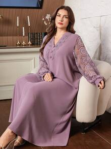 Lacomfia Plus Size Women Lace Patchwork Long Sleeve Loose Casual Dress - Pink - View 5