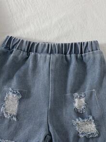 SHEIN Playful Pals 2件套男婴幼儿0-3岁春夏休闲日常穿着牛仔破洞短裤和棉质T恤套装 - 杏色 - 查看 7