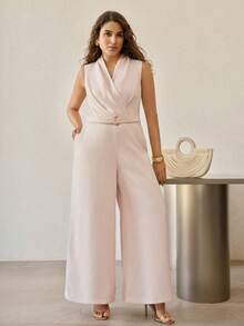 MOTF PREMIUM SLEEVELESS V-NECK BELTED JUMPSUIT, SUITABLE FOR SPRING/SUMMER, VALENTINE'S DAY - Pink - View 7