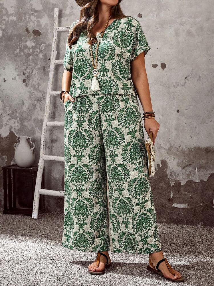 Plus Size Women's Casual Floral Print Loose Top And Wide Leg Pants 2 Piece Set, Suitable For Spring, Summer, Vacation, Casual Sets For Women, Summer Outfits Summer Pants Sets For Women 2 Piece Casual Sets Woman Two Piece Set Women Vacation Comfortable Two Piece Set