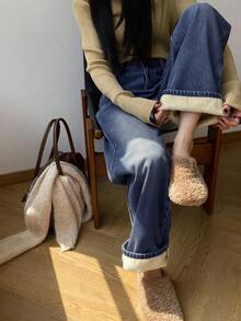 DAZY Relaxed Vintage Wide Leg Jeans, Autumn/Winter Thermal Lined Straight Leg Floor Length Jeans For Women - Dark Wash - View 5
