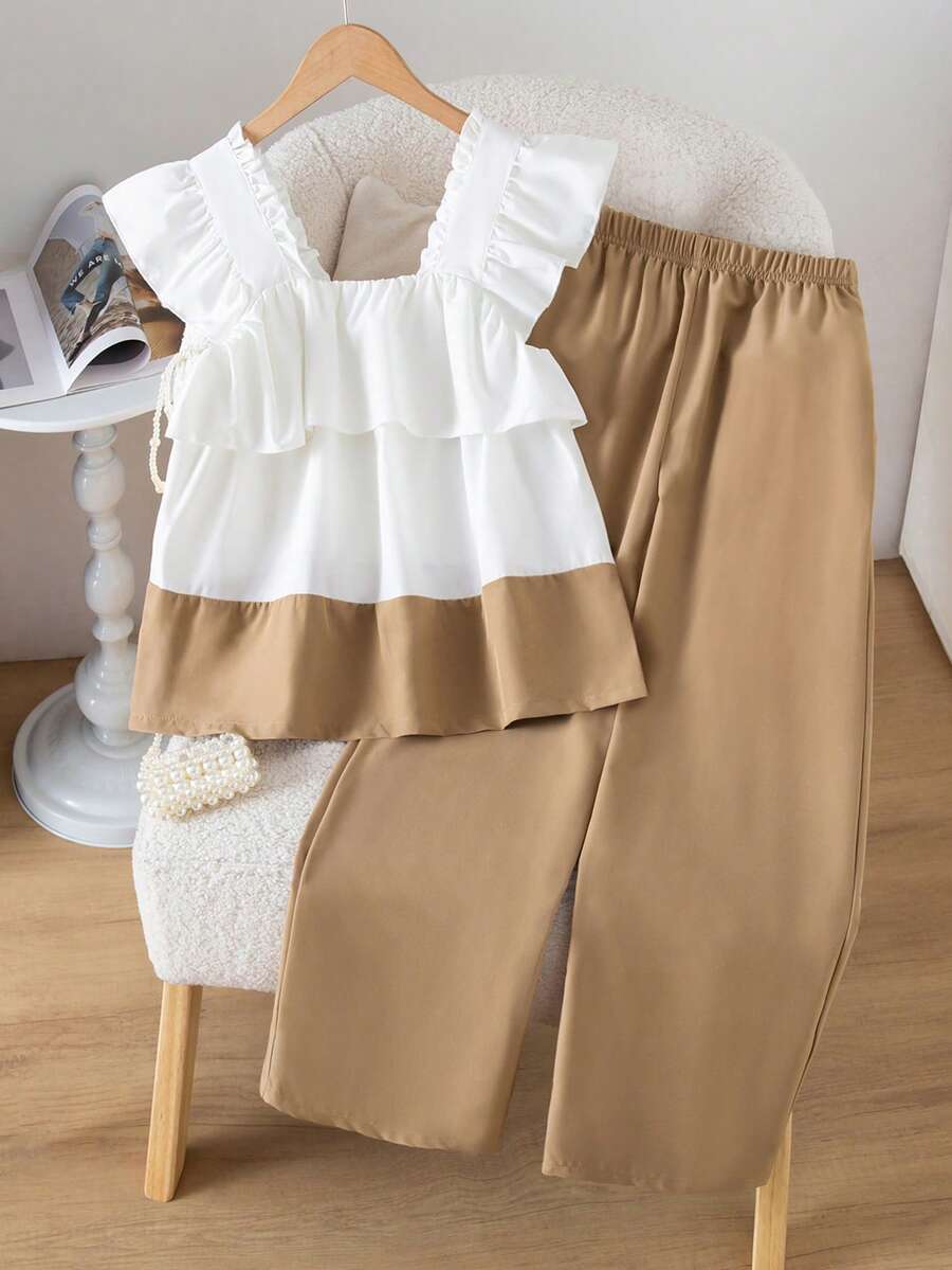 Tween Girl Colorblock Frill Trim Short Cap Sleeve T-Shirt And Elastic Waist Wide Leg Pants Casual Outfit - Khaki - View 1