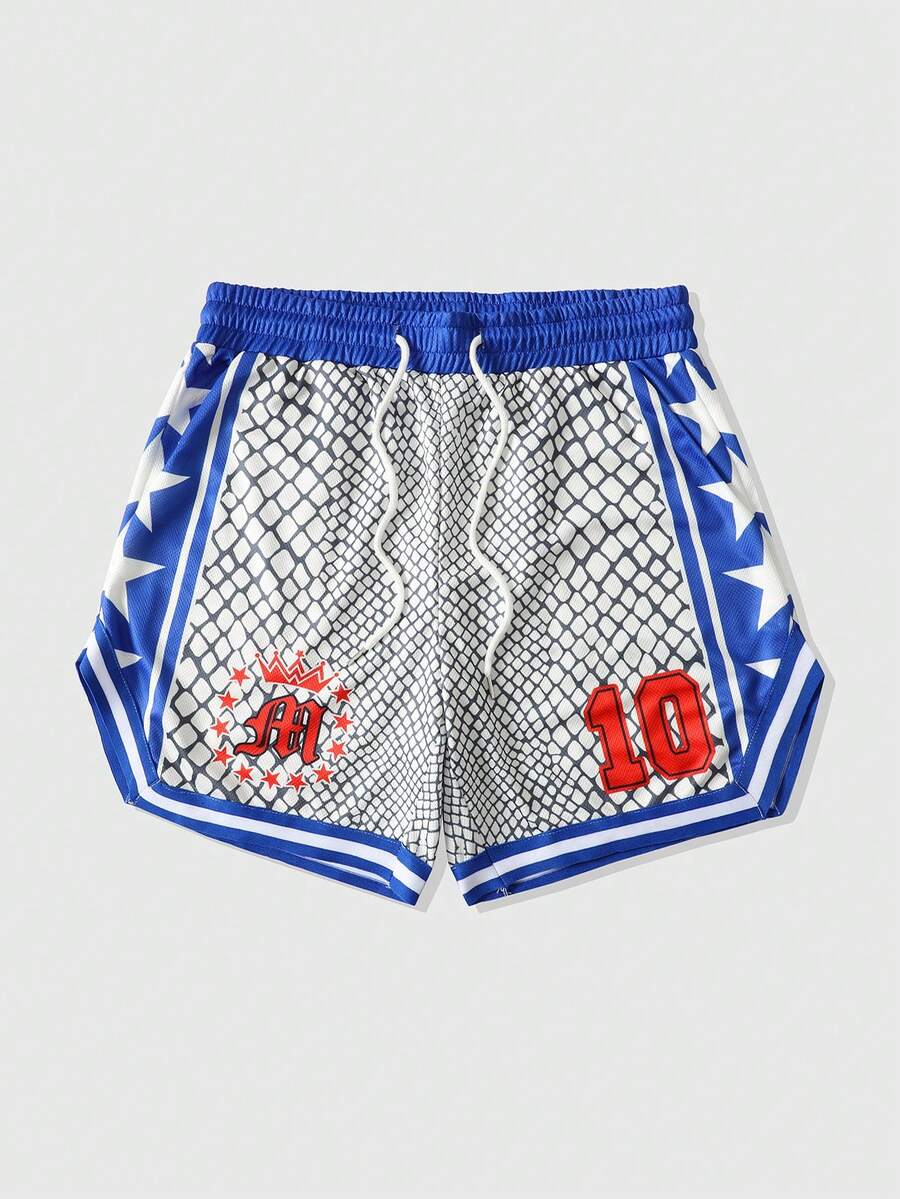 ROMWE MEN Street Life Men's Numeric Geometric Print Drawstring Waist Loose Basketball Shorts - Blue - View 1