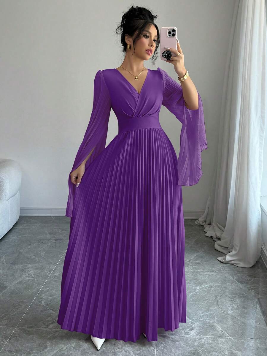 Elenzga V-Neck Pleated Open Sleeve Elegant Romantic Women Dress Maxi Women Outfit - Purple - View 1