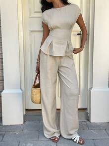 SHEIN EZwear 女士休闲、度假、日常通勤简约纯色褶裥腰部短袖上衣和阔腿裤套装，春夏秋季 - 卡其色 - 查看 6