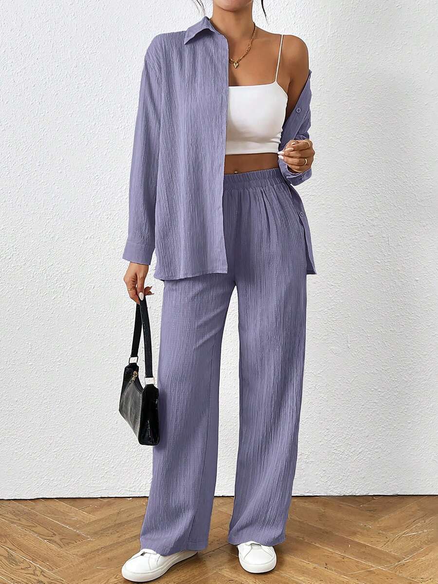SHEIN PETITE Conjunto casual de 2 piezas de camisa de manga larga de un solo pecho y pantalones de unicolor para mujer - Morado - Ver 1
