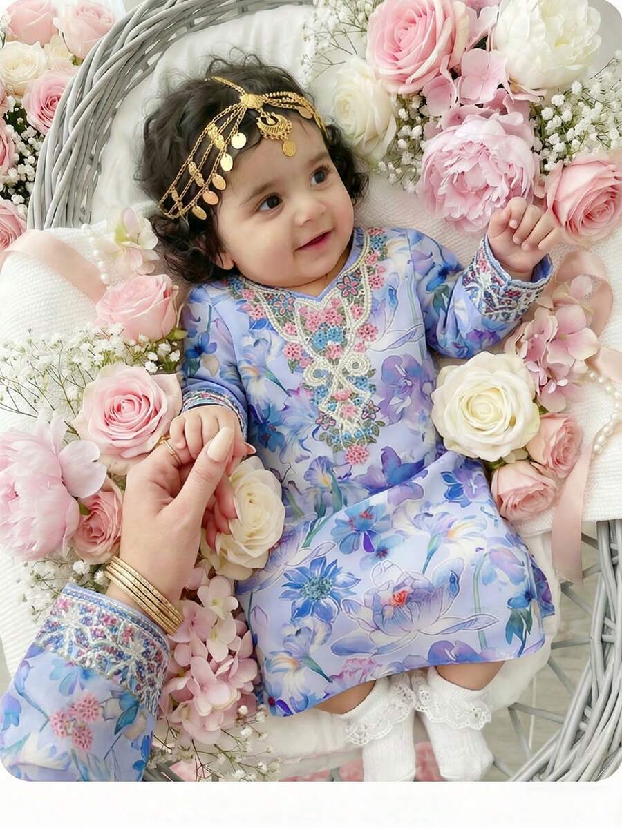 Baby Girl's Light Blue Floral Arabian Robe,Elegant Jalabiya For Wedding Guest,Autumn Long-Sleeved Kaftan Dress,Traditional Arabic Clothing & Outfits - Multicolor - View 1