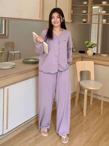 Dazy Plus 2pcs/Set Solid Color Cartoon Print Loose Long Sleeve Top And Long Pants Pajama Set, Purple Plus Size Women Spring/Autumn - Purple - View 5
