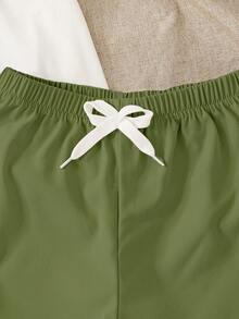 SHEIN Genkimix Kids 两件套男童圆领短袖口袋T恤和短裤休闲套装 - 軍綠色 - 查看 6