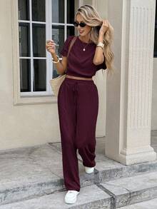 Serisse 蝙蝠袖露脐上衣和抽绳腰裤，纹理面料两件套 - 中紫紅色 - 查看 5