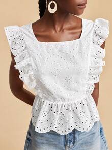 Travachic 2026 New Spring To Summer Vacation Embroidered Ruffle Trim Square Neck Tie Front Backless Sleeveless Crop Top Boho Floral Striped Square  Lace Eyelet - White - View 2