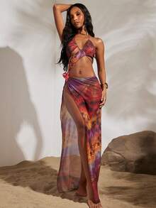 Opulessa Spring & Summer Vacation Beach Sexy Knitted Mesh Printed Slit Dress For Women - Multicolor - View 7