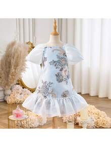 Vestido corto de manga corta con bordado floral de organza elegante y lindo para niña - Multicolor - Ver 3