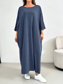SHEIN Essnce 大码女装春夏时尚休闲宽松舒适日常基础修身灰色七分袖长连衣裙，简约风格，大码连衣裙，女士教堂礼服，外出穿搭 - 藍色 - 查看 5