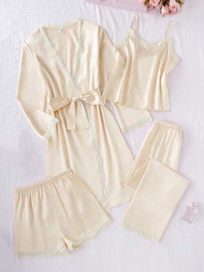 SHEIN 4pcs Girls' Coral Pink Casual Comfortable Satin Fabric Pants, Shorts, Camisole, And Long Sleeve Robe Pajama Set Soft Pajamas Set Sleep Wear Women 2 Piece Set Two Piece Sleepwear Set Silk Pjs Set