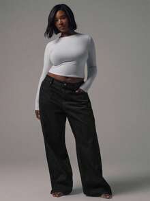 MUSERA Plus Size Contrast Stitch Wide Leg Denim Jeans Winter Everyday Streetstyle Casual Capsule Wardrobe Flattering - Black - View 5
