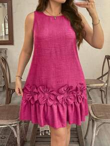 SHEIN LUNE Plus Size Floral Sleeveless Ruffle Hem Straight Dress - Hot Pink - View 6