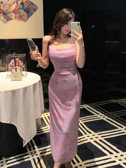 DAZY 春夏碎花连衣裙，优雅修身吊带长裙，适合婚礼、派对、舞会等场合