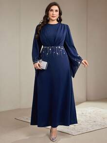 Veilorie 大码女式圆领喇叭袖水钻装饰褶皱优雅连衣裙 - 藏蓝色 - 查看 7