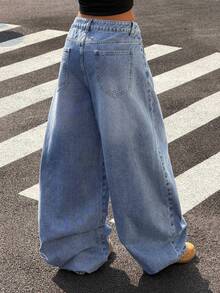 StreetHx 女士宽松休闲日常牛仔裤，带腰带环 - 藍色 - 查看 2