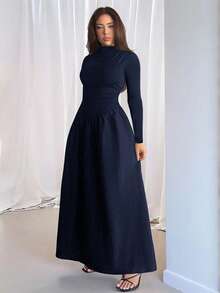 Firerie Vestido Longo Preto Sólido Elegante de Malha Jacquard Splice Bodycon, Adequado para Primavera, Outono e Inverno, Vestido Midi de Manga Longa com Gola Alta, para Ir e Vir/Férias/Praia/Romântico/Encontro/Dia dos Namorados/Concerto/Apresentação/Casamento/Volta às Aulas/Dia do Professor/Chá da Tarde - Azul Marinho - Visão 4
