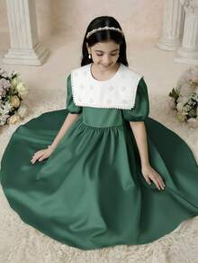 SHEIN Vestido Elegante com Gola Colorblock, Decoração de Pérolas e Manga Pétala para Menina Pré-Adolescente - Verde - Visão 1