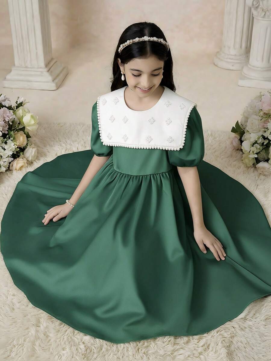SHEIN Vestido Elegante com Gola Colorblock, Decoração de Pérolas e Manga Pétala para Menina Pré-Adolescente - Verde - Visão 1