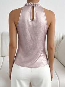 Selianne Sleeveless Stand Collar Hollow V-Neck Beaded Light Pink Tank Top - Baby Pink - View 2