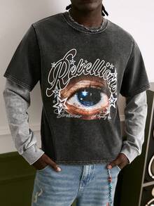 Manfinity Roughcore 1 Stück Herren Sweatshirt, Augen Muster, 2 in 1 Rundhalsausschnitt Pullover, kurzer Stil, Schwarz & Weiß Kontrast, sportlich-lässiger Alltags-Look, Pendeln, Urlaub, Rückkehr zur Schule, Geschenk für Freund/Ehemann, Unisex - Schwarz - Übersicht 2