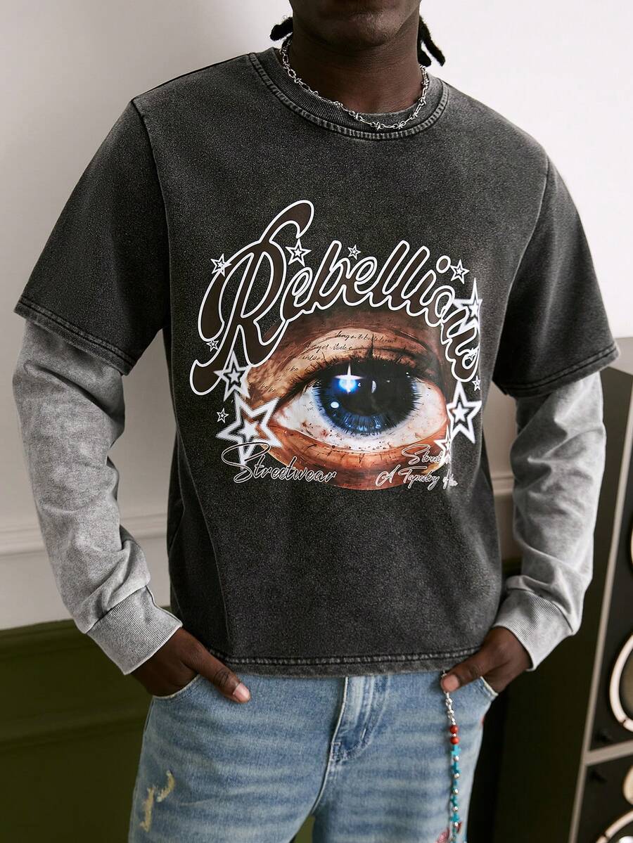 Manfinity Roughcore 1 Stück Herren Sweatshirt, Augen Muster, 2 in 1 Rundhalsausschnitt Pullover, kurzer Stil, Schwarz & Weiß Kontrast, sportlich-lässiger Alltags-Look, Pendeln, Urlaub, Rückkehr zur Schule, Geschenk für Freund/Ehemann, Unisex