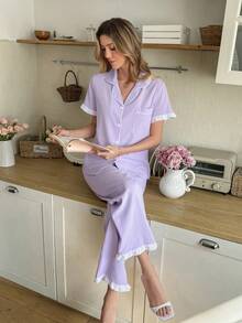 SHEIN Romantic Ruffled Collar Cardigan Pajama Set For Women - Mauve Purple - View 6