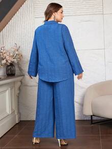 Lacomfia Women's Loose Long Sleeve Shirt And Wide Leg Pants Set, Comfortable Casual Jacquard Plus Size 2-Piece Outfit - Blue - View 2