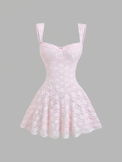 Sweetra 女士甜美温柔风格浪漫蕾丝连衣裙，镂空刺绣全蕾丝提花，适合约会和通勤，浅粉色