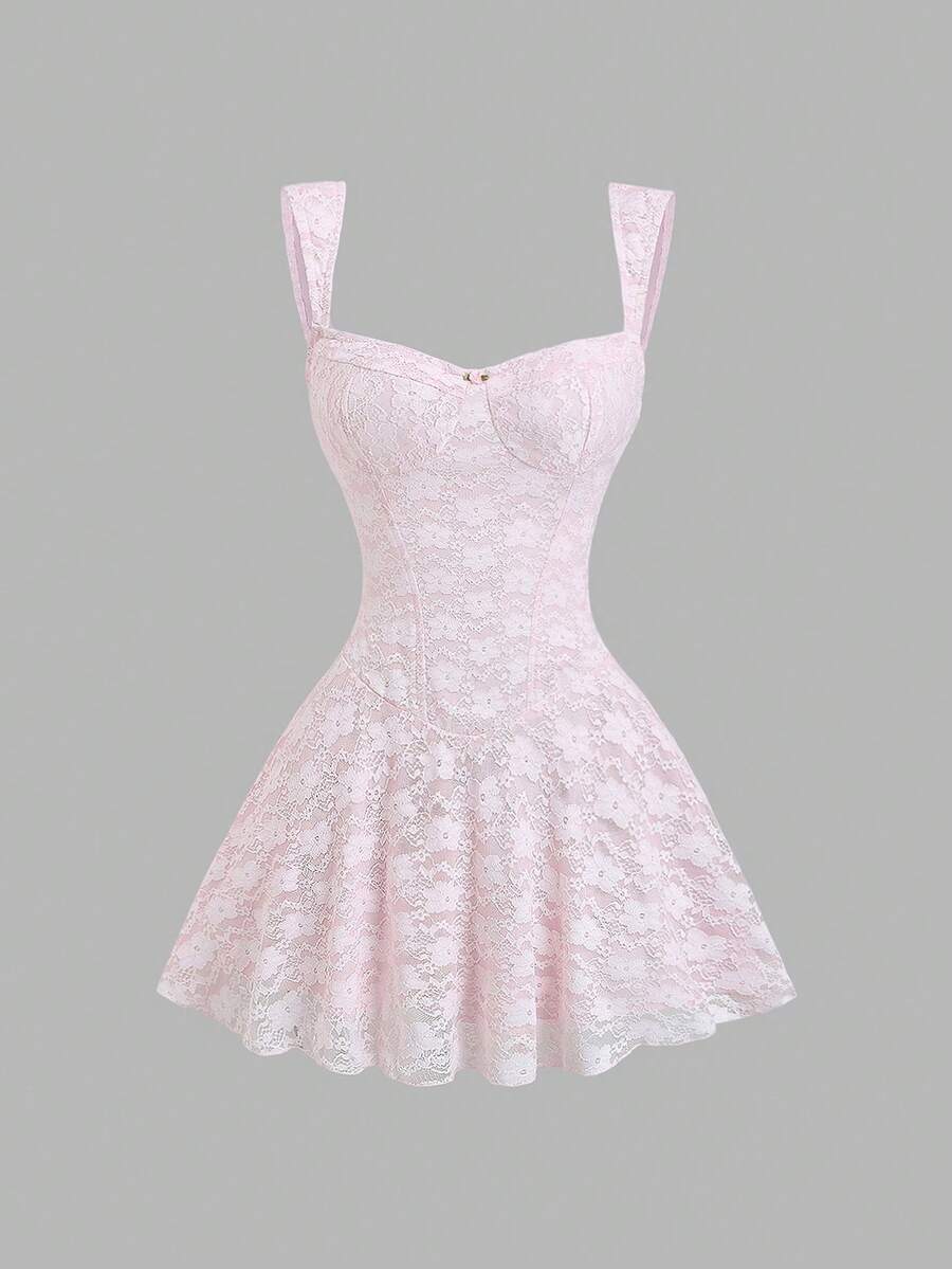 Sweetra Women's Sweet & Gentle Style Romantic Lace Dress, Hollow Embroidery All-Lace Jacquard, Suitable For Dates & Commuting, Light Pink - Pink - View 1