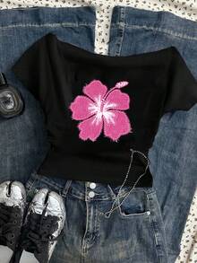 Attitoon Women's Casual Ruched Waist One-Shoulder Fitted Short Sleeve T-Shirt, Floral Print Pattern, Suitable For Summer - Black - View 7